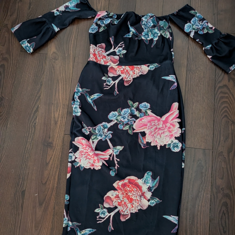 True Violet (ASOS) Floral Off-Shoulder Deep Blue Dress